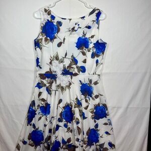 Blue Enchantress Floral Fit & Flare Dress Sleeveless Party White Blue‎ Sz Large